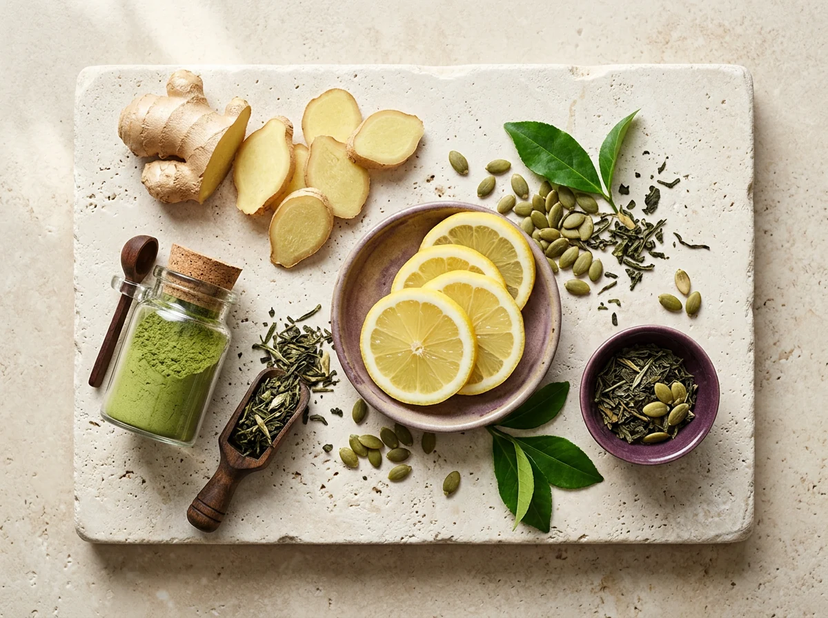 Botanische ingrediënten: gember, groene thee, plantenextracten
